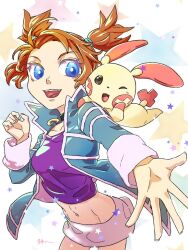 1girl abs blue_eyes collar gen_3_pokemon jacket miniskirt navel nintendo one_eye_closed orange_hair plusle pokemon pokemon_colosseum rui_(pokemon) skirt sumai_(sumaizumai) twintails wink