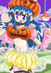 1girl animal arin bird black_thighhighs blue_hair blush breasts cloud collarbone detached_sleeves garter_straps halloween hat jack-o&#039;-lantern jack-o&#039;-lantern_print large_breasts long_hair looking_at_viewer marinba midriff navel open_mouth orange_hat orange_shirt pangya print_shirt puffy_sleeves purple_eyes shirt short_sleeves skirt sky smile standing thighhighs yellow_skirt