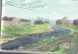 Rule 34 | apartment, bare tree, blue sky, building, bush, cloud, cloudy sky, fumeshi, grass, highres, no humans, original, painting (medium), photo (medium), power lines, river, riverbank, rope fence, scenery, sky, traditional media, tree, utility pole, water, watercolor (medium)