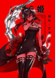Rule 34 | 1girl, black gloves, black hair, blood, blood on arm, blood on face, blood on hands, boots, breasts, covered mouth, dagger, dress, fingerless gloves, fingernails, floating liquid, flower, glint, gloves, hairband, highres, holding, holding dagger, holding knife, holding weapon, knife, liquid metal, long fingernails, long hair, medium breasts, mercury (element), metal hairband, red background, red eyes, rose, sakyru, sidelocks, sleeveless, solo, sparkle, spy x family, standing, thigh boots, thighhighs, two-sided dress, two-sided fabric, weapon, wiping blood, wiping face, yor briar