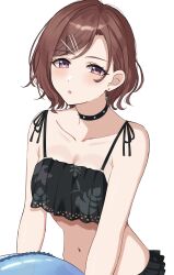 0-toki 1girl absurdres bare_shoulders bikini black_bikini black_choker blush breasts brown_hair choker cleavage collarbone commentary_request earrings hair_ornament hairclip highres higuchi_madoka holding holding_swim_ring idolmaster idolmaster_shiny_colors innertube jewelry leaf_print looking_at_viewer medium_breasts mole mole_under_eye navel parted_lips print_bikini purple_eyes short_hair simple_background solo studded_choker swept_bangs swim_ring swimsuit upper_body white_background