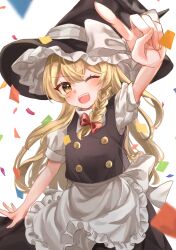 1girl ;d absurdres apron black_hat black_skirt black_vest blonde_hair blush bow braid commentary confetti cowboy_shot frilled_apron frills hair_bow hat hat_bow hat_ribbon highres ikeyan0677 index_finger_raised kirisame_marisa long_hair looking_at_viewer one_eye_closed open_mouth puffy_short_sleeves puffy_sleeves red_bow ribbon shirt short_sleeves side_braid simple_background skirt smile solo standing teeth touhou turtleneck turtleneck_shirt upper_teeth_only vest waist_apron white_apron white_background white_bow white_ribbon white_shirt witch_hat yellow_eyes