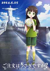 1girl 2014_fifa_world_cup :d anime_coloring ball blunt_bangs brown_hair christ_the_redeemer cloud cloudy_sky commentary_request dated english_text eyebrows_hidden_by_hair flower full_body gochuumon_wa_usagi_desu_ka? green_eyes green_shirt green_shoes green_shorts hair_flower hair_ornament hokkana holding holding_ball jesus kneehighs legs_apart logo long_hair looking_at_viewer official_art open_mouth outdoors pigeon-toed rio_de_janeiro shirt shoes shorts sky smile soccer_ball soccer_uniform socks solo sportswear standing tareme tree ujimatsu_chiya world_cup yellow_socks