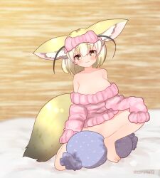 1girl animal_ears bare_shoulders blonde_hair blue_pillow blush coroha extra_ears fennec_(kemono_friends) fox_ears fox_girl fox_tail full_body hairband indoors kemono_friends looking_at_viewer on_bed pajamas pillow pink_hairband pink_pajamas short_hair solo tail yellow_eyes