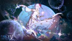 1girl astrologian_(final_fantasy) au_ra back bare_shoulders between_fingers breasts card card_between_fingers casting_spell detached_sleeves final_fantasy final_fantasy_xiv flower from_behind glowing guan_tang_baozi hair_flower hair_ornament highres holding holding_card jewelry magic medium_hair multiple_necklaces planet purple_eyes rainbow_gradient see-through_clothes see-through_sleeves shining small_breasts solo space spider_lily standing tail tassel veil warrior_of_light_(ff14) white_hair wind wind_lift