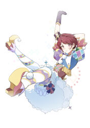 1girl absurdres aikatsu!_(series) arm_behind_head arm_up asymmetrical_sleeves black_gloves blue_shirt boots brown_corset brown_hair character_request closed_mouth collar commentary_request corset cross-laced_clothes cross-laced_corset cross_tattoo detached_collar eyelashes facial_tattoo falling frilled_collar frilled_skirt frilled_sleeves frilled_thigh_strap frills full_body gloves happy high_collar high_heel_boots high_heels highres idol light_blush looking_at_viewer miniskirt mismatched_sleeves morgue_(southsakura) multicolored_sleeves petticoat pointy_footwear pom_pom_(clothes) purple_eyes shirt short_hair simple_background skirt smile solo sparkle star_(symbol) striped_clothes striped_thighhighs swept_bangs tattoo thigh_strap thighhighs white_background white_collar white_skirt white_thighhighs yellow_boots