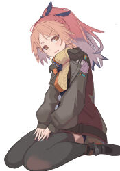 1girl 8ka43 arknights black_jacket black_thighhighs blue_nails brown_eyes brown_hair commentary full_body highres jacket looking_at_viewer medium_hair mole mole_under_eye multicolored_nails nail_polish open_mouth pinecone_(arknights) pink_nails sitting sleeves_past_wrists solo sweater thighhighs turtleneck turtleneck_sweater yellow_sweater