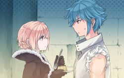 1boy 1girl blonde_hair blue_hair brick_wall brown_cape bun_with_braided_base cape closed_mouth commentary_request double_bun expressionless food fur-trimmed_cape fur-trimmed_shirt fur_trim hair_bun high_wizard_(ragnarok_online) holding holding_spoon howard_alt-eisen kathryne_keyron lala_(sputnik) looking_at_another pudding ragnarok_online red_eyes shirt short_hair sleeveless sleeveless_shirt spoon upper_body white_shirt whitesmith_(ragnarok_online)