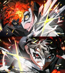 2boys amamiya_ren black_coat black_gloves black_hair btmr_game coat commentary dagger english_commentary gloves grin hair_between_eyes holding holding_dagger holding_knife holding_weapon knife male_focus multiple_boys persona persona_5 persona_5_scramble:_the_phantom_strikers red_eyes red_gloves red_hair smile sparkle twitter_username upper_body weapon white_mask yellow_eyes