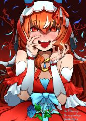 1girl akahakigito animal_ears blush breasts brown_hair collarbone crazy_eyes detached_sleeves flower hair_between_eyes hair_ornament highres horse_ears horse_girl long_hair looking_at_viewer open_mouth petals simple_background small_breasts solo still_in_love_(umamusume) twitter_username umamusume veil yandere yandere_trance