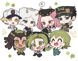 3girls 4boys ^_^ baseball_cap black_hair blonde_hair blue_eyes blush_stickers chibi closed_eyes emporio_alnino ermes_costello foo_fighters_(jojo) fu_r_y fur_hat green_eyes green_hair hat heart jojo_no_kimyou_na_bouken kuujou_jolyne kuujou_joutarou multiple_boys multiple_girls narciso_anasui pink_hair spoken_heart stone_ocean weather_report yellow_eyes