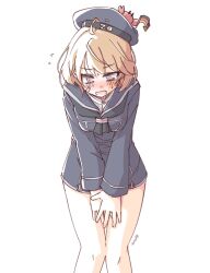 1girl bandaid bandaid_on_face black_neckerchief blue_dress blue_hat blue_sailor_collar blush brown_eyes brown_hair cosplay covering_crotch covering_privates crab crab_on_head dress german_commentary hat highres kantai_collection neckerchief nose_blush oboro_(kancolle) open_mouth sailor_collar sailor_dress sailor_hat short_dress short_hair simple_background tatahai v_arms white_background z3_max_schultz_(kancolle) z3_max_schultz_(kancolle)_(cosplay)