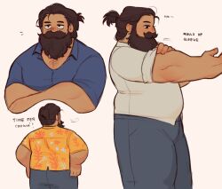 1boy bara beard beard_over_mouth belly chest_hair_peek contemporary cowboy_shot crossed_arms denim dungeon_meshi dwarf english_text facial_hair fat fat_man from_behind highres jeans krunnnnnch long_beard male_focus multiple_views muscular mustache official_alternate_hairstyle pants senshi_(dungeon_meshi) sleeves_rolled_up thick_mustache