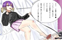 1boy 1girl barefoot bdsm bondage bound collar feet femdom footjob gimp_mask highres leash long_hair mask multicolored_hair open_mouth purple_eyes purple_hair purple_socks ryouya_(35309341) socks steam toes translated twintails two-tone_hair unworn_socks