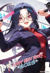 1girl 2025 black_hair black_jacket black_pants breasts bright_pupils buttons collared_shirt fang glasses glowstick halo happy_new_year henma highres holding holding_glowstick hololive hololive_english jacket kumomane long_hair long_sleeves medium_breasts new_year novelites_(shiori_novella) open_clothes open_jacket open_mouth pants penlight_(glowstick) red_eyes red_shirt round_eyewear shirt silk smile spider_web sunsetskyline takodachi_(ninomae_ina&#039;nis) virtual_youtuber white_pupils