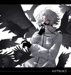 1boy ahoge aotsuki_eito bird_request black_border black_gloves blue_eyes border character_name gas_mask glasses gloves highres long_sleeves looking_at_viewer mask messy_hair simple_background solo the_hundred_line_-last_defense_academy- white_background white_hair