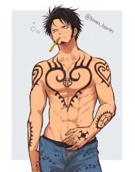 1boy abs arm_tattoo artist_name bags_under_eyes black_eyes black_hair blue_pants border chest_tattoo closed_mouth collarbone commentary_request cowboy_shot earrings facial_hair finger_tattoo goatee gold_earrings grey_background grey_male_underwear hand_tattoo jewelry koma_heron male_focus male_underwear messy_hair mouth_hold navel one_piece open_fly outside_border pants pectorals short_hair shoulder_tattoo sideburns solo squeans standing stomach tattoo toothbrush toothbrush_in_mouth topless_male trafalgar_law twitter_username underwear v-shaped_eyebrows white_border