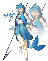 0820_lakia 1girl blue_eyes blue_hair blue_skirt blue_tongue chest_sarashi colored_tongue commentary_request detached_sleeves english_text fins fish_tail gills highres holding holding_polearm holding_weapon korean_commentary long_hair looking_at_viewer notched_tail original piercing polearm sarashi shark_girl shark_tail sharp_teeth simple_background skirt spear tail tail_ornament tail_piercing teeth tongue tongue_out weapon white_background