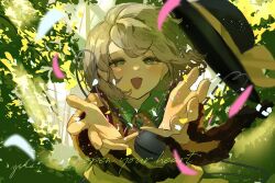 Rule 34 | 1girl, :d, blouse, buttons, commentary request, diamond button, eneshi, english text, eyelashes, floating hat, forest, frilled shirt collar, frilled sleeves, frills, green eyes, green hair, hat, hat ribbon, heart, heart of string, highres, koishi day, komeiji koishi, long sleeves, nature, open hands, open mouth, outdoors, reaching, reaching towards viewer, ribbon, shirt, short hair, signature, smile, solo, third eye, touhou, tree, upper body, wide sleeves, yellow ribbon, yellow shirt