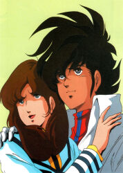 1980s_(style) 1boy 1girl black_eyes black_hair brown_hair choujikuu_yousai_macross commentary couple english_commentary gloves good_end hayase_misa highres hug ichijou_hikaru key_visual long_hair macross mikimoto_haruhiko military military_uniform official_art oldschool open_mouth pilot_suit promotional_art retro_artstyle scan science_fiction spiked_hair spoilers traditional_media u.n._spacy upper_body