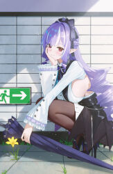 1girl absurdres black_bow black_pantyhose black_shoes black_skirt blush bow closed_mouth fieryonion hair_bow hand_on_own_cheek hand_on_own_face high_heels highres holding holding_umbrella looking_at_viewer mole mole_under_eye pantyhose pointy_ears purple_hair purple_umbrella red_eyes shirt shoes skirt smile solo squatting umbrella vivian_banshee white_shirt zenless_zone_zero