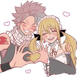 1boy 1girl blonde_hair blush closed_eyes earrings fairy_tail heart heart_earrings heart_hands heart_hands_duo highres jewelry long_hair lucy_heartfilia maid maid_headdress natsu_dragneel oioiboon open_mouth pink_hair scarf short_hair shoulder_tattoo simple_background tattoo upper_body white_background white_scarf