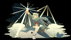 1girl 37_(reverse:1999) :o absurdres alternate_costume anklet arm_up black_background black_sky blue_eyes blue_hair braid character_doll cloud daku_k doll dolphin_costume floating_hair full_body geometric_solid hair_between_eyes hair_over_shoulder hand_up highres holding holding_doll jewelry long_hair looking_up no_shoes reverse:1999 sitting sky solo sophia_(reverse:1999) stuffed_animal stuffed_dolphin stuffed_toy sunburst thighhighs twin_braids very_long_hair water white_thighhighs