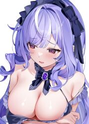 Rule 34 | 1girl, absurdres, arms under breasts, bikini, black bikini, black hairband, blush, breasts, crossed arms, drill hair, duchi0356, gem, hairband, highres, large breasts, looking to the side, mole, mole under eye, open mouth, pointy ears, purple gemstone, purple hair, red eyes, simple background, solo, swimsuit, upper body, vivian banshee, wardrobe malfunction, white background, zenless zone zero