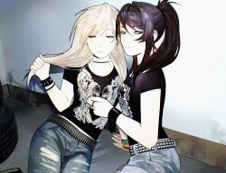2girls belt black_choker black_eyeliner black_shirt blonde_hair brown_hair choker class_of_09 denim emily_(class_of_09) eyeliner green_eyes hair_between_eyes highres holding holding_own_hair jeans makeup midriff_peek multiple_girls narrowed_eyes nicole_(class_of_09) pants ponytail reil3t shirt sitting spiked_cuffs studded_belt torn_clothes