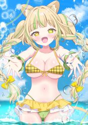 Rule 34 | 1girl, absurdres, aiceclass, air bubble, animal ear fluff, animal ears, bare shoulders, bathing, bikini, blonde hair, blue sky, blush, bow, braid, breasts, bubble, cleavage, cloud, collarbone, commentary request, day, fang, green bikini, highres, hiiragisensei, large breasts, long hair, looking at viewer, multicolored hair, navel, ocean, open mouth, outdoors, outstretched arms, sky, smile, solo, stomach, swimsuit, tail, twin braids, twintails, virtual youtuber, water, water drop, yellow bikini, yellow eyes, zashiki warabi (aiceclass)