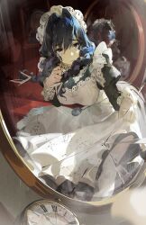 1girl apron black_dress blue_eyes blue_hair braid broken_mirror clock dress hair_intakes hair_ribbon hat highres hololive hololive_english kuno_(runkunochan) long_hair low_twin_braids mirror mob_cap official_alternate_costume official_alternate_hairstyle ouro_kronii ouro_kronii_(maid) pocket_watch reflection reflection_focus ribbon solo twin_braids virtual_youtuber watch white_apron white_ribbon