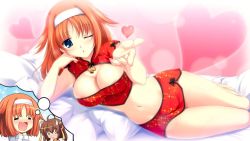 1girl amakase_miharu areola_slip blowing_kiss blue_eyes blush breasts chinese_clothes cleavage cleavage_cutout clothing_cutout da_capo da_capo_i game_cg headband heart large_breasts looking_at_viewer lying midriff navel on_bed on_side one_eye_closed orange_hair solo wink