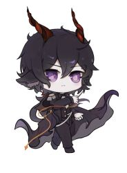 01252574 1boy animal_ears arknights black_cape black_hair black_pants brown_horns cape chibi chibi_only chinese_commentary closed_mouth commentary_request ebenholz_(arknights) ebenholz_(eine_variation)_(arknights) epaulettes full_body highres horns long_hair long_sleeves looking_at_viewer male_focus no_nose official_alternate_costume pants purple_eyes simple_background solo split_mouth standing white_background