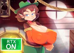 1girl blue_eyes breasts brown_hair cleavage covered_erect_nipples cowboy_shot disabledfetus female_focus genderswap genderswap_(mtf) hat highres huge_breasts indoors lantern link:_the_faces_of_evil looking_at_viewer morshu nintendo own_hands_clasped pointy_ears short_hair smile solo the_legend_of_zelda the_legend_of_zelda_(cd-i)