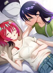 2girls amate_yuzuriha bed_sheet blue_shorts bra_strap breasts closed_eyes closed_mouth commentary_request denim denim_shorts elbow_rest gao_kawa green_skirt gundam gundam_gquuuuuux hair_between_eyes hand_on_own_cheek hand_on_own_face hand_on_own_stomach haro head_rest highres light_blush light_smile long_hair looking_at_another lying medium_breasts midriff_peek multiple_girls non-humanoid_robot nyaan_(gundam_gquuuuuux) off_shoulder on_back parted_lips purple_hair red_hair robot shirt short_hair shorts skirt sleeping white_shirt yellow_eyes