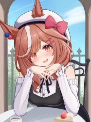 1girl absurdres animal_ears blue_sky breasts brown_eyes brown_hair cloud commentary_request day detached_sleeves ears_through_headwear filkia hat highres horse_ears horse_girl looking_at_viewer matikane_tannhauser_(umamusume) medium_breasts medium_hair multicolored_hair open_mouth outdoors sky smile solo streaked_hair umamusume white_hair white_hat white_sleeves