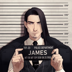 1boy barbie_mugshot_(meme) black_hair black_necktie black_vest character_name expressionless facial_hair goatee goatee_stubble hairy hands_up height_mark highres holding holding_sign jacket jacket_on_shoulders james_(kasper) kasper_artz light_brown_hair long_hair male_focus mature_male meme mugshot mustache_stubble mutton_chops necktie original sign solo stubble swept_bangs thick_eyebrows upper_body vest