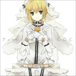 Rule 34 | 10s, 1girl, ahoge, bad id, bad pixiv id, blonde hair, bodysuit, eve (meltdown), fate/extra, fate/extra ccc, fate (series), female focus, gloves, green eyes, lock, nero claudius (bride) (fate), nero claudius (fate), padlock, solo, thigh gap, veil