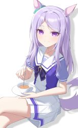 1girl absurdres animal_ears closed_mouth cup highres holding holding_plate horse_ears horse_girl jei_(user_tckk7448) long_hair looking_at_viewer mejiro_mcqueen_(umamusume) plate pleated_skirt purple_eyes purple_hair purple_shirt school_uniform shadow shirt short_sleeves simple_background sitting skirt solo tracen_training_uniform umamusume white_background white_skirt