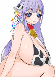 1girl animal_ears black_sclera breasts closed_mouth colored_sclera cow_ears cow_print cow_print_bikini cowbell cowboy_shot d_kanetoshi grimms_echoes huge_breasts looking_at_viewer pointy_breasts print_bikini sagging_breasts simple_background sitting smile solo translation_request void_cinderella_(grimms_echoes) white_background