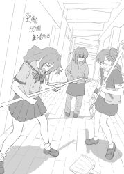 3girls absurdres bocchi_the_rock! broom closed_eyes greyscale highres loafers long_hair monochrome multiple_girls school_uniform shirasuke_0822 shoes skirt socks twintails