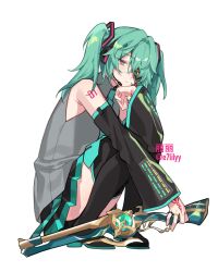 Rule 34 | 1girl, alkalilyy, anaxa (honkai: star rail), aqua hair, black sleeves, blue eyes, cosplay, crossdressing, detached sleeves, eyepatch, full body, fusion, gun, hatsune miku, hatsune miku (cosplay), highres, holding, holding gun, holding weapon, honkai: star rail, honkai (series), long hair, looking at viewer, male focus, simple background, solo, twintails, very long hair, vocaloid, weapon, white background