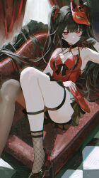1girl absurdres armpits black_gloves black_hair blush breasts butterfly-shaped_pupils closed_mouth commentary_request couch dress fishnet_socks fishnets fox_mask gloves hair_spread_out hand_up heart heart_tattoo highres honkai:_star_rail honkai_(series) honkai_impact_3rd long_hair looking_at_viewer maria_(maria_rose) mark_under_eye mask mask_on_head medium_breasts on_couch reclining red_dress red_eyes signature single_glove smile socks solo sparkle_(fictitious_game)_(honkai:_star_rail) sparkle_(honkai:_star_rail) symbol-shaped_pupils tattoo thighs twintails