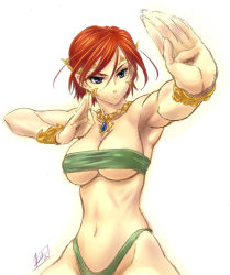 1girl armpits bandeau bikini blue_eyes bracelet breasts female_focus fighting_stance jewelry large_breasts mcq necklace original red_hair short_hair solo strapless swimsuit tube_top underboob