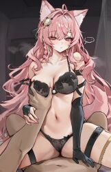 ... 1boy 1girl absurdres ahoge animal_ears arknights black_bra black_bridal_gauntlets black_gloves black_panties black_ribbon blush bra breasts bridal_gauntlets closed_mouth collarbone commission earrings elbow_gloves fingernails fungi542 girl_on_top gloves groping hair_intakes hair_ornament hair_ribbon highres indoors jewelry large_breasts long_hair looking_at_viewer nail_polish navel panties pink_eyes pink_hair pink_nails pozyomka_(arknights) ribbon single_bridal_gauntlet single_elbow_glove solo_focus spoken_ellipsis stomach strap_slip tail thigh_strap thighs underwear wolf_ears wolf_girl wolf_tail