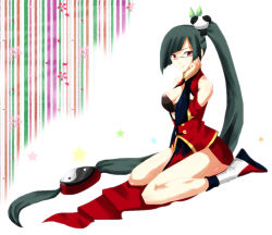 1girl absurdres bare_shoulders black_hair blazblue breasts china_dress chinese_clothes cleavage cleavage_cutout clothing_cutout dress female_focus glasses hair_ornament highres lao_jiu large_breasts litchi_faye_ling long_hair panda ponytail red_eyes sitting solo very_long_hair wariza