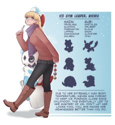 1girl anal_beads black_pantyhose blonde_hair blue_eyes blunt_bangs boots bow braid breasts commentary crown_braid english_commentary english_text female_focus froslass full_body galarian_darmanitan galarian_darmanitan_(standard) galarian_form gen_1_pokemon gen_4_pokemon gen_8_pokemon great_ball hair_bow index_finger_raised knee_boots lapras leaning_forward long_hair looking_at_viewer luxu nail_polish nieves_(luxu) nintendo on_head original pantyhose pleated_skirt poke_ball poke_ball_(basic) pokemon pokemon_(creature) pokemon_dppt pokemon_on_head pout red_bow reference_sheet ribbed_sweater scarf sex_toy skirt snom solo_focus standing straight_hair sweater ultra_ball walking