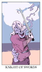 1other bald blue_sky body_horror border card_(medium) cloud cloudy_sky colored_skin english_text flayed_skin guro highres holding holding_sword holding_weapon horror_(theme) intestines jessica_hayworth long_sleeves minor_arcana_(tarot) original outdoors pants pink_shirt purple_pants purple_shirt purple_skin shirt sky solo surreal sword tarot tarot_(medium) water weapon white_border