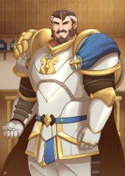 1boy afk_(series) afk_journey armor beard blue_cape cape clenched_hand commentary english_commentary facial_hair gauntlets grin highres hogan_(afk) looking_at_viewer male_focus multicolored_hair mustache pauldrons shoulder_armor signature smile zammonv