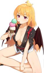 1girl absurdres animal animal_on_head bird bird_on_head black_shirt black_wings blonde_hair breasts center_opening collarbone commentary commission demon_wings food heart heart_print highres holding holding_food holding_ice_cream ice_cream indian_style long_hair looking_at_viewer medium_breasts on_head original purple_eyes shirt simple_background sitting syhan tasuki thighs tongue tongue_out triple_scoop white_background wings
